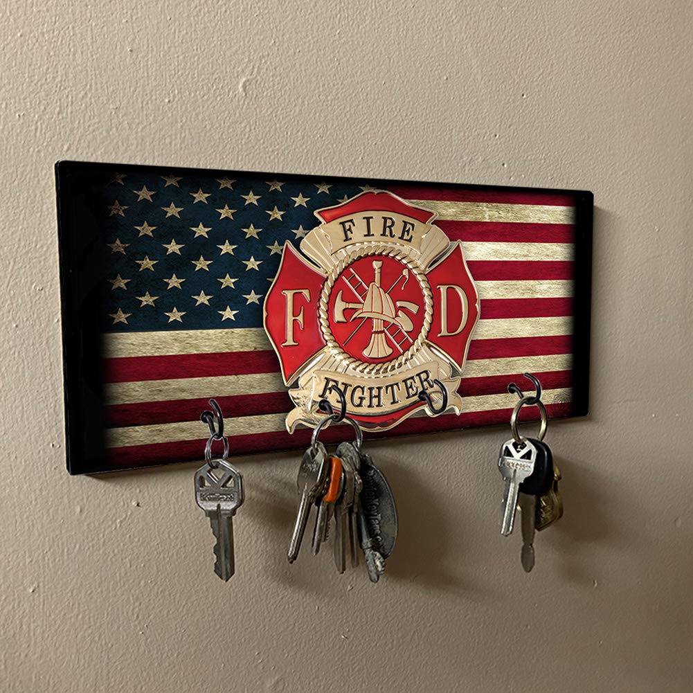 Brotherhood American Flag Firefighter Maltese Cross Center Design Key Holder Organizer Wall Mount Rack for Holders the Home Keys Ring Decorative Hangers Decor Hook Hanger - Image 2