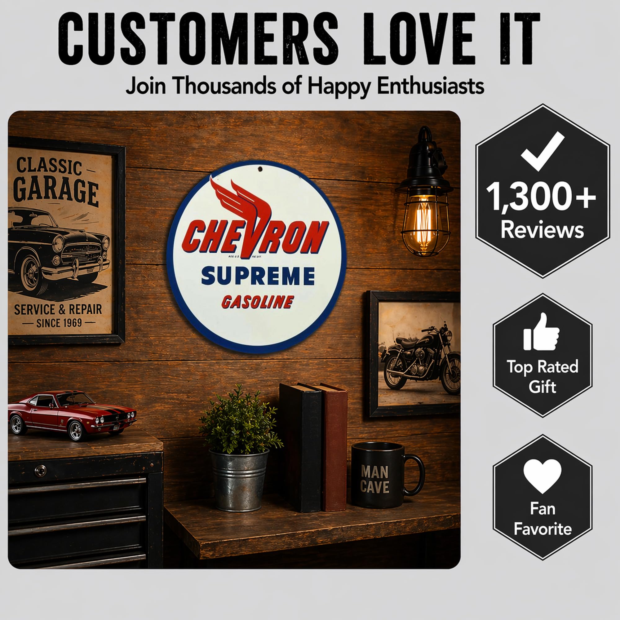 Brotherhood Vintage Gas Sign Reproduction Vintage Metal Signs Round Metal Tin Sign for Garage and Home 8 Inch Diameter – Chevron Supreme Gasoline - Image 3