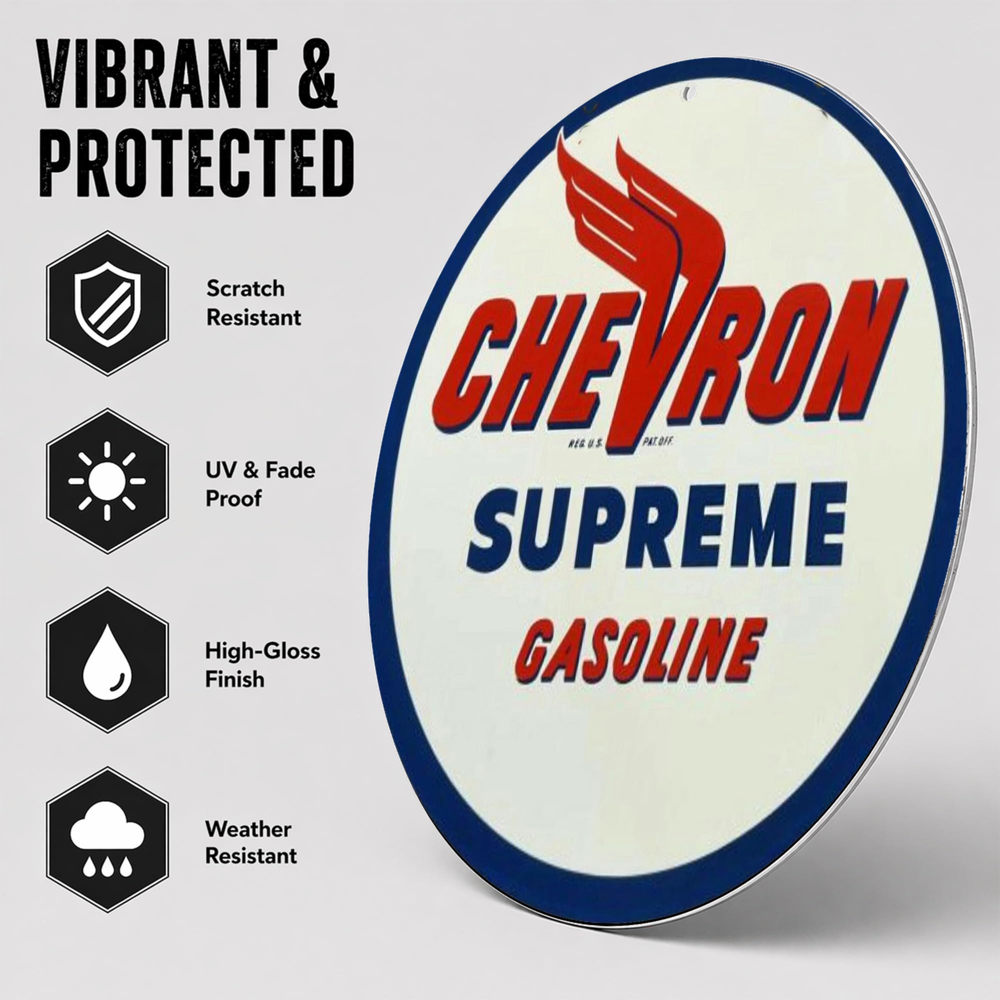 Brotherhood Vintage Gas Sign Reproduction Vintage Metal Signs Round Metal Tin Sign for Garage and Home 8 Inch Diameter – Chevron Supreme Gasoline - Image 4