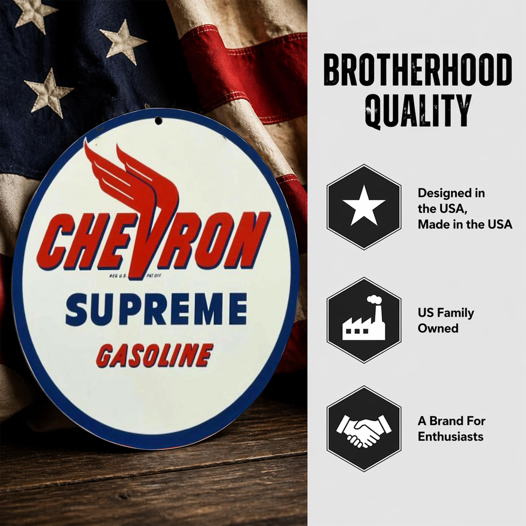 Brotherhood Vintage Gas Sign Reproduction Vintage Metal Signs Round Metal Tin Sign for Garage and Home 8 Inch Diameter – Chevron Supreme Gasoline - Image 8
