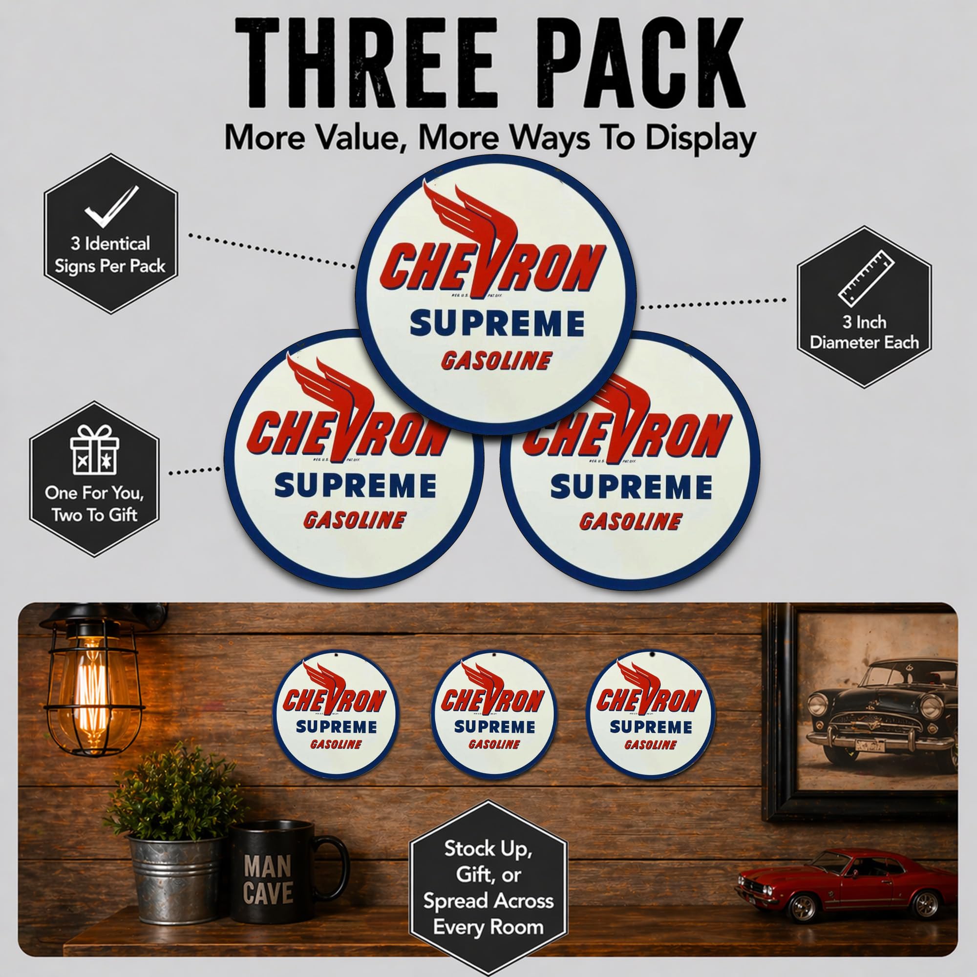 Brotherhood Vintage Gas Sign Reproduction Vintage Metal Signs Round Metal Tin Sign for Garage and Home 8 Inch Diameter – Chevron Supreme Gasoline - Image 9