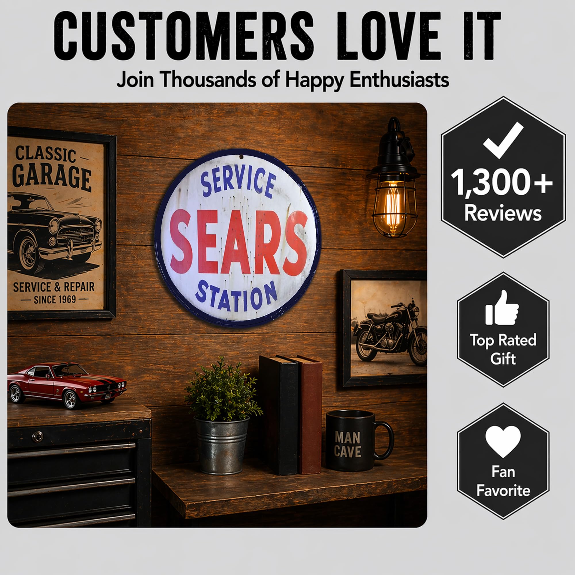 Sears Service Station Authorized Service Car Company Emblem Seal Vintage Gas Signs Reproduction Car Company Vintage Style Metal Signs Round Metal Tin Aluminum Sign Garage Home Decor - Image 3