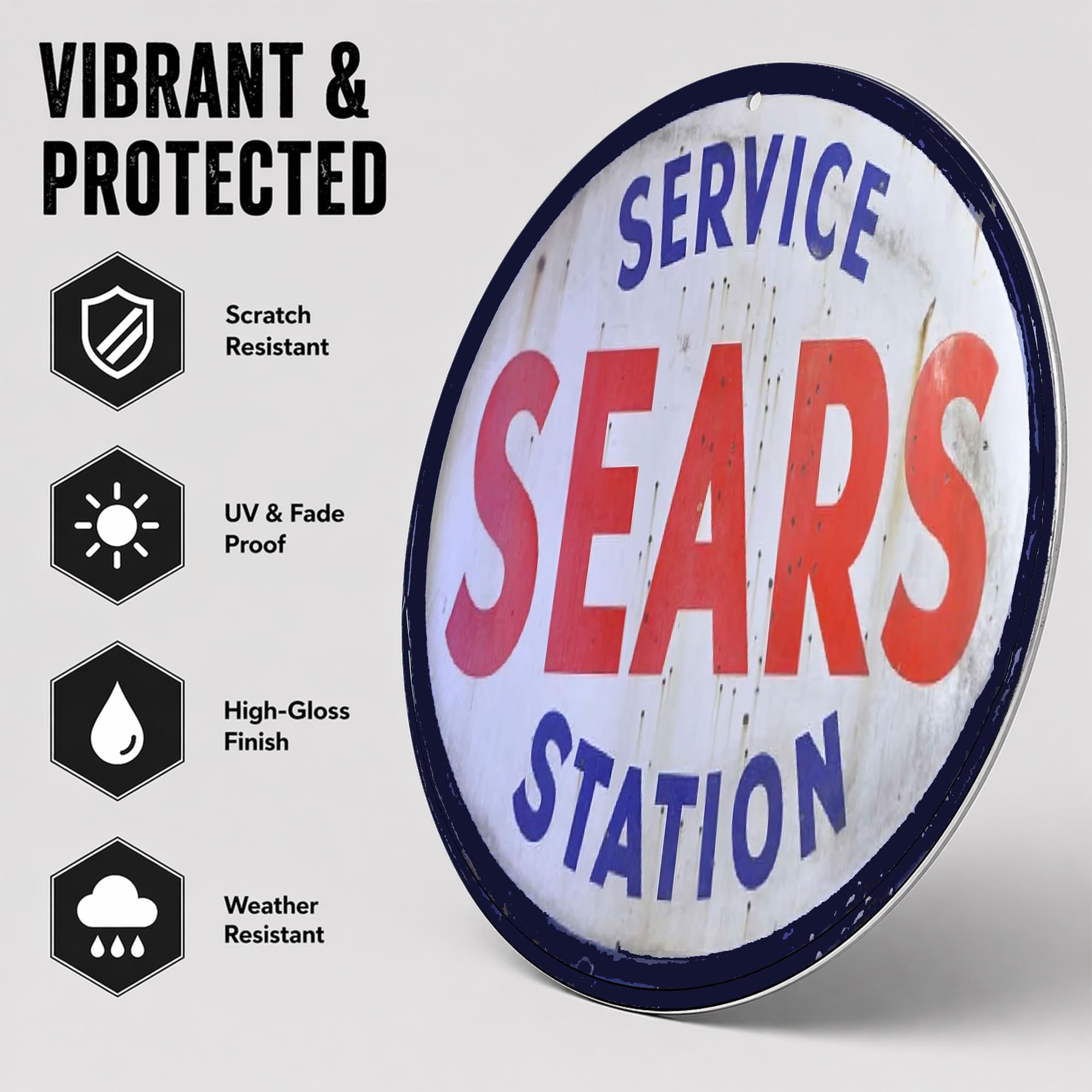 Sears Service Station Authorized Service Car Company Emblem Seal Vintage Gas Signs Reproduction Car Company Vintage Style Metal Signs Round Metal Tin Aluminum Sign Garage Home Decor - Image 4