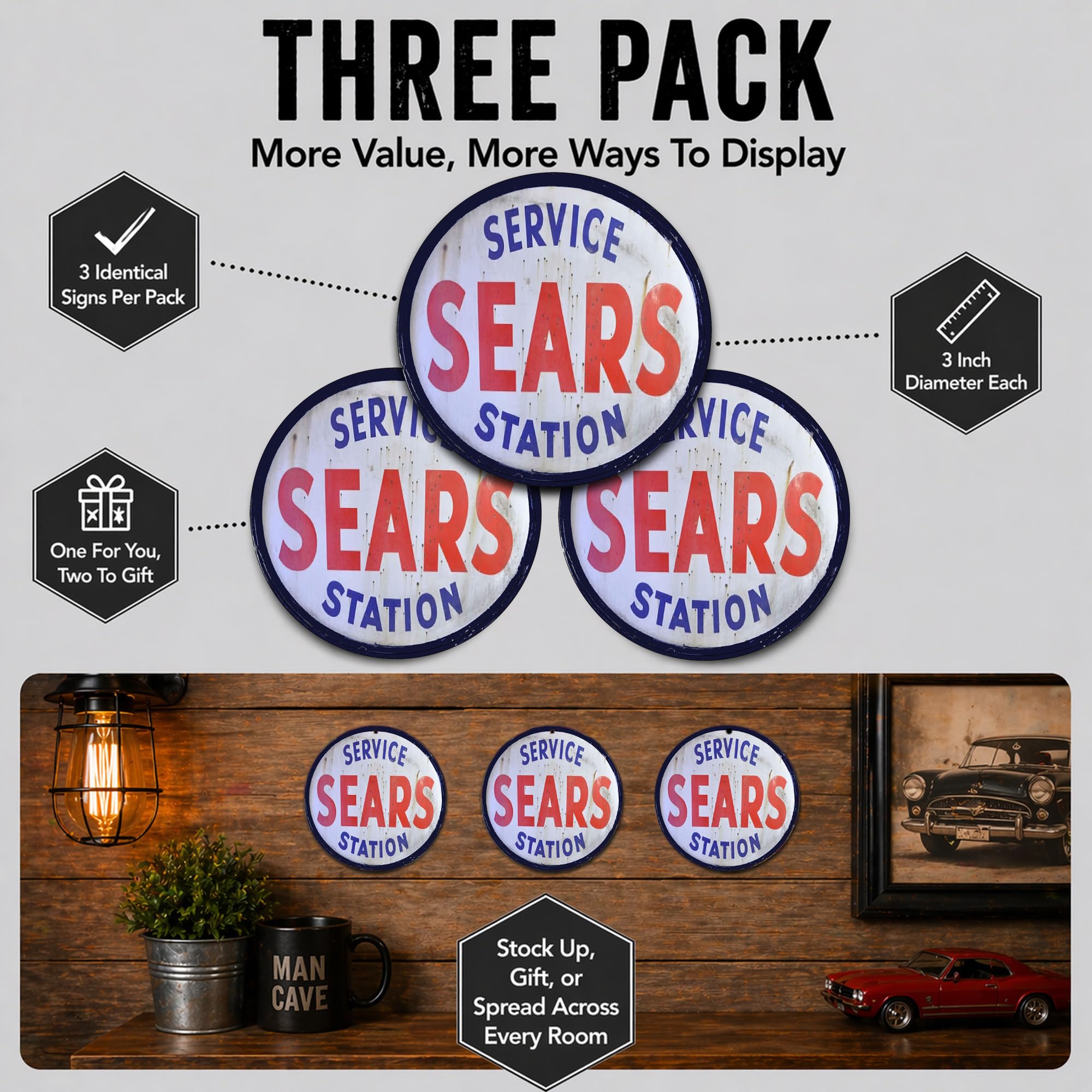 Sears Service Station Authorized Service Car Company Emblem Seal Vintage Gas Signs Reproduction Car Company Vintage Style Metal Signs Round Metal Tin Aluminum Sign Garage Home Decor - Image 9