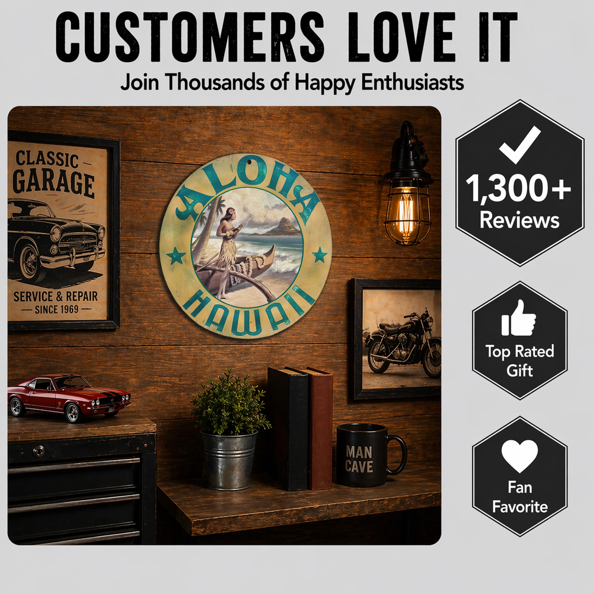 Vintage Gas Sign Reproduction Vintage Metal Signs Round Metal Tin Sign For Garage And Home 11.75 Inch Diameter – Aloha Hawaii With Hawaiian Girl And Ukulele - Image 3