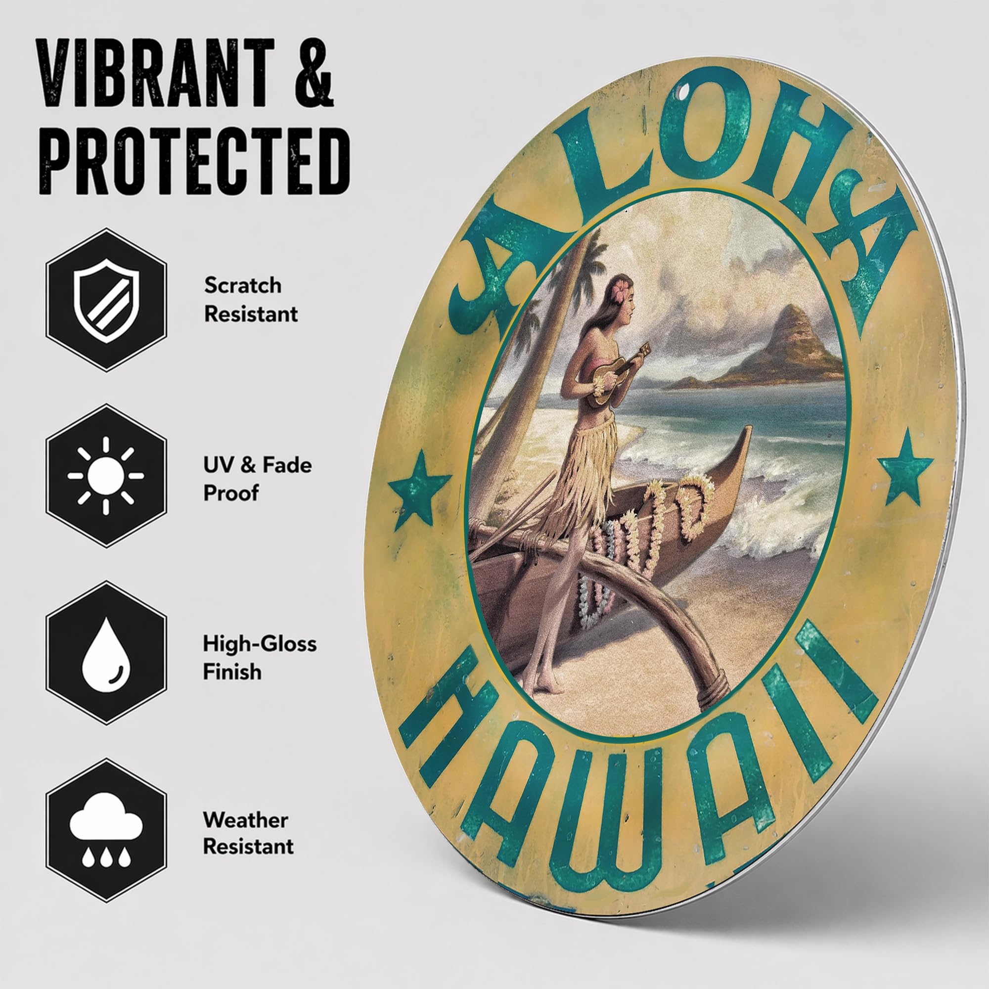 Vintage Gas Sign Reproduction Vintage Metal Signs Round Metal Tin Sign For Garage And Home 11.75 Inch Diameter – Aloha Hawaii With Hawaiian Girl And Ukulele - Image 4