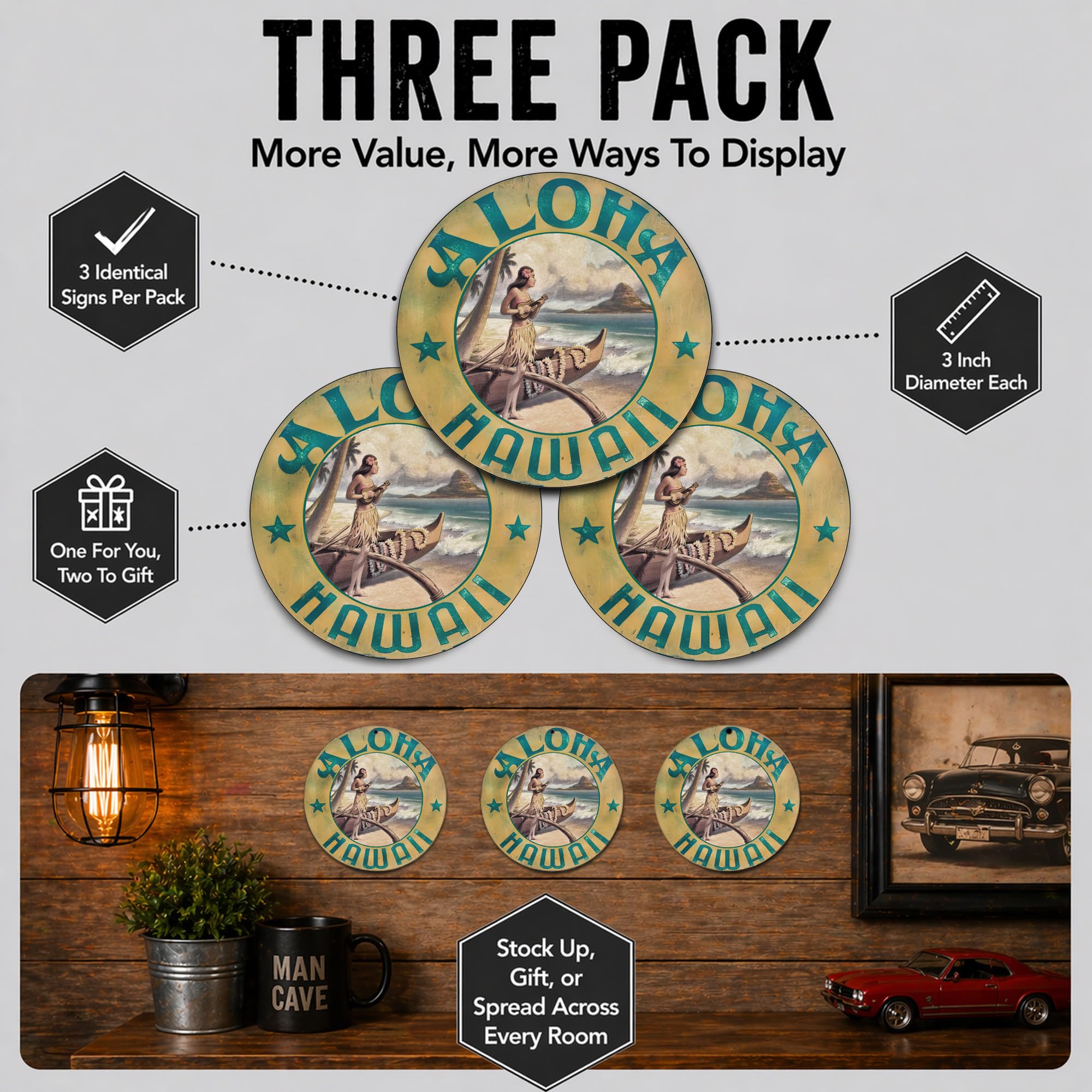Vintage Gas Sign Reproduction Vintage Metal Signs Round Metal Tin Sign For Garage And Home 11.75 Inch Diameter – Aloha Hawaii With Hawaiian Girl And Ukulele - Image 9